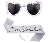 JOUWUI 55 Fabulous Heart Sunglasses, 55th Birthday Decorations for Her, White Pearl Rhinestone Heart Glasses, Birthday Glitter Silver Sash For 55th Women, Birthday Gifts