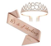 JOUWUI 85 Fabulous Sash and Rhinestone Tiara Set, 85th Rose Gold Birthday Rhinestone Crowns and Sash for Women, 85th Birthday Decorations for Her