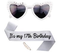 JOUWUI Sweet 13th Birthday Sunglasses, 13th Birthday Decorations for Her, White Pearl Rhinestone Heart Glasses, Birthday Glitter Silver Sash For Thirteen Girl, Birthday Gifts