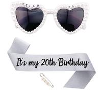 JOUWUI Sweet 13th Birthday Sunglasses, 13th Birthday Decorations for Her, White Pearl Rhinestone Heart Glasses, Birthday Glitter Silver Sash For Thirteen Girl, Birthday Gifts