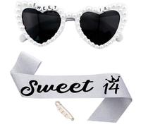 JOUWUI Sweet 14th Birthday Sunglasses, 14th Birthday Decorations for Her, White Pearl Rhinestone Heart Glasses, Birthday Glitter Silver Sash For Fourteen Girl, Birthday Gifts