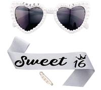 JOUWUI Sweet 16th Birthday Sunglasses, 16th Birthday Decorations for Her, White Pearl Rhinestone Heart Glasses, Birthday Glitter Silver Sash For Sixteen Girl, Birthday Gifts
