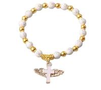JOVALT Angel Wing Cross Bracelet, White Beads Bracelet Bangle Angel Wing Cross Bracelet, Healing Bracelets for Women Spiritual, Cross Prayer Bracelet (White)
