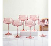 JOVGANK Pink Martini Glasses Set of 6, Hand Blown Colored Cocktail Glass 14Oz, Large Vintage Champagne Coupe Glasses, Crystal Retro Style Bar and New Year Drinking Glasses, Mother's Day Gift