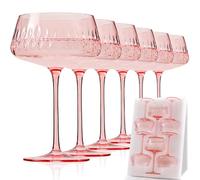 JOVGANK Pink Martini Glasses Set of 6, Hand Blown Colorful Cocktail Glasses 8Oz, Vintage Champagne Coupe Glasses, Large Margarita Glasses, Crystal Retro Style Bar Drinking Glasses, Pink