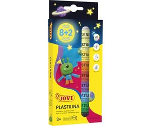 Jovi - GLOW IN THE DARK PLASTILINE - Case with 10 bars of 15 g, Assorted Colours 8 Basic + 2 FOSFORESCENTS, Gluten Free (90/10G)