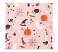 Jovialix Cute Halloween Paper Napkins - 80 Pack Disposable Pink Cocktail Napkins with Pumpkins, Spiders, Witch Hat & Eyeballs - Kids Party Supplies for Trick or Treat Table Decor, 6.5 x 6.5 in