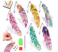 Jovicos Arts and Crafts Kits, Gift for Girls Age 7 8 9 10, DIY Diamond Art Kits with Crystal Pendant, 5D Diamond Painting Bookmarks Feather Shape (6 PCS)