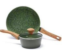 Jovire 3-Pc Non-Stick Cookware Set, 28cm Frying Pan, Saucepan w/Lid, Green | Suitable for induction & gas hobs | Dishwasher safe | PFOA-free & PTFE-free | Stylish & durable | Ergonomic handle