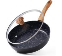 Jovire Nonstick Skillet with Wooden Handle - Induction Ready Ceramic Coated Aluminum Frying Pan, PFOA Free, All Stovetop Compatible, Oven Safe (Black, 28cm+Lid)