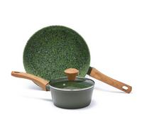 Jovire Small Non-Stick Frying Set, Frying pan & Saucepan with Lid,Ceramic Coated PFOA PTFE Free, Compatible with All Stovetops Including Induction (Green, 3-pcs 28cm)