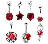 Jovivi 14G Belly Button Bars Pack of 6 Surgical Steel Red Cubic Zirconia Belly Ring Barbell Dangly Belly Piercing Jewellery Navel Bar Navel Piercing Jewelry for Women Girls