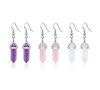 Jovivi 3Pairs Healing Crystals Earrings Sets for Women Natural Real Amethyst Rose Quartz Stone Healing Hexagonal Points Crystal Chakra Dangle Earrings, Stone Crystal, No Gemstone