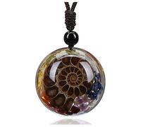 Jovivi 7 Chakra Gemstone Reki Healing Crystal Necklace Round Circle Shape Ammonite Fossil Resin Chip Stones Pendant Necklace for Women Men Life Tree Jewelry Christmas Gifts, 1.5 inches (pendant) x 6mm