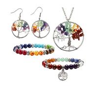 Jovivi 7 Chakra Tree of Life Tumbled Gemstone Healing Crystals Necklace & Earrings & Chakra Bracelet Sets, (4pcs: Tree of Life Necklace & Earrings & 7 Chakras Bracelet)