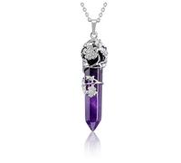 Jovivi Amethyst Crystal Point Pendant Necklace for Women, Silver Flower Wrapped Purple Hexagonal Stone Chakra Necklace Gemstone Jewellery Gifts