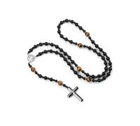 Jovivi Black Onyx Hematite and Tiger Eye Beaded Necklace Rosary Beads Saint Benedict Cross Pendant Necklace Triple Protection Religious Jewelry Catholic Gifts for Men Women, Stone, No Gemstone