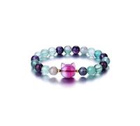 Jovivi Crystal Cat Bracelet, 8mm Natural Stone Beaded Protection Healing Crystals Gemstones Stretch Bracelet, Fluorite Green Purple, Unisex, No Metal, 6 - 7.5 inch Wrist, Cat Jewelry Gifts