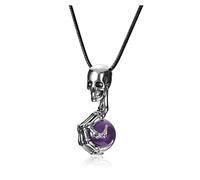 Jovivi Gothic Skull Amethyst Crystal Healing Stone Necklace Women Men Skeleton Hand Hold Purple Gemstone Ball Pendant Necklace Rope Jewellery Gifts For Him Her Christmas Halloween