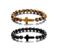 JOVIVI Mens Tigers Eye Black Obsidian Christian Cross Bracelet For Men,Men's Natural Stone Healing Crystal Gemstone Beaded Bracelet Man Jewellery Christian gifts for men