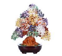 Jovivi Natural 7 Chakra Gemstone Crystal Money Tree Resin Base Bonsai Style Feng Shui Decoration for Wealth and Luck Artificial Trees 9.45"-9.85"