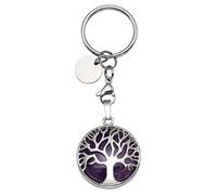 JOVIVI Silver Tree of Life Natural Amethyst Crystal Healing Reiki Chakra Gemstone Pendant Keyring Keychain Handmade DIY ID Tag Key Ring,31*27mm