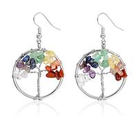 JOVIVI Women Silver Tree Of Life Drop Earrings 7 Chakra Matural Tumbled Gemstone Wire Wrapped Crystal Dangle Dangly Earrings for Girls Ladies Bohemian Jewellery Mothers Day Mum Gifts