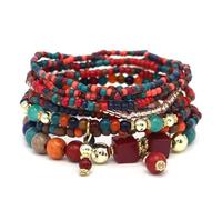 Jovono Boho Beaded Stackable Bracelets Layered Elastic Hand Chain Vintage Colorful Seeds Beads Bracelet Chains Set for Women(8PCS) (Red)