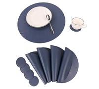 Jovono Set of 4 Round Double Stitch Faux Leather Placemats Diameter 33 cm and 9.9 cm Blue