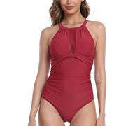 Joweechy Ruched Tummy Control One Piece Halterneck Swimsuit High Neck Mesh Swimwear Retro Vintage Swimming Costume for Women,Wine-High Neck/S