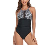 Joweechy Ruched Tummy Control One Piece Halterneck Swimsuit High Neck Mesh Swimwear Retro Vintage Swimming Costume for Women, Leopard-High Neck/XL