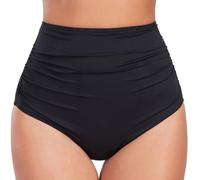 Joweechy Womens High Waisted Bikini Bottoms Black Ruched Sides Swim Briefs | Built-in Front Mesh Lined Tummy Control Full Back Coverage Bikini Bottom