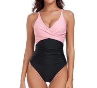 Joweechy Women's One Piece Swimsuit Deep V Neck Cross Back Tummy Control Swimming Costumes for Beach Holidays,Swimming (Pink,S)