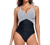Joweechy Women's One Piece Swimsuit Deep V Neck Cross Back Tummy Control Swimming Costumes for Beach Holidays,Swimming (Stripes,M)