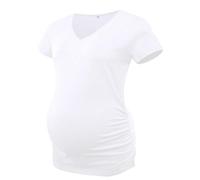 Joweechy Women's V Neck Maternity T Shirts Short Sleeve Pregnancy Tunic Tops with Side Ruched White,L