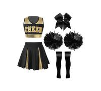 Jowowha 5 Pcs Girls Halloween Cheer Leader Costume Outfit Set Cheerleading Dress for Kids Halloween Birthday Party Black&White 15-16 Years