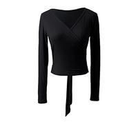 Jowowha Adult Ballet Wrap Top Dance Wrap Top Crossover Cardigan Long Sleeve for Womens Girls Black A XL