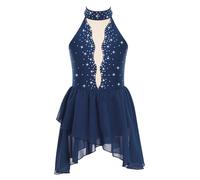 Jowowha Girls Rhinestone Lyrical Dance Dress Open Back Irregular Hem Ballet Modern Contemporary Ballroom Leotard Dress Navy 8 Years