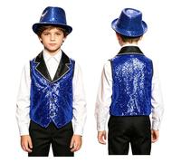 Jowowha Girls Sequin Vest Hat Set for Dance Party Shiny Apparel Asymmetrical Hem Sparkly Garment Dancewear Royal Blue 11-12 Years