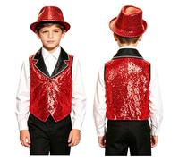 Jowowha Girls Sequin Vest Hat Set for Dance Party Shiny Apparel Asymmetrical Hem Sparkly Garment Dancewear Red 7-8 Years