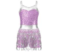Jowowha Girls Sequins Tassel Hem Latin Dance Dress Leotard Rumba Samba Jazz Dance Dress Costumes G1927Lavender 13-14 Years