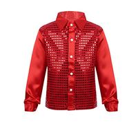 Jowowha Kids Boys 70s Disco Costume Sequins Long Sleeve Button Down Shirts Latin Jazz Dance Performance Costume Red 5-6 Years