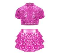 Jowowha Kids Girls Shiny Sequins Halter Jazz Latin Dance Tap Costume Cheer Dance Performance Costume HotPink 9-10 Years