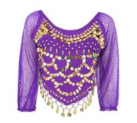 Jowowha Lady's Glitter Sequin Beaded Tassel Long Sleeve Crop Top Sexy Latin Belly India Bollywood Dance Costume Purple One Size