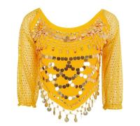 Jowowha Lady's Glitter Sequin Beaded Tassel Long Sleeve Crop Top Sexy Latin Belly India Bollywood Dance Costume Yellow One Size