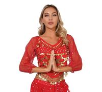 Jowowha Lady's Glitter Sequin Beaded Tassel Long Sleeve Crop Top Sexy Latin Belly India Bollywood Dance Costume Red One Size