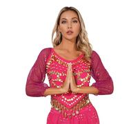 Jowowha Lady's Glitter Sequin Beaded Tassel Long Sleeve Crop Top Sexy Latin Belly India Bollywood Dance Costume Hot Pink One Size