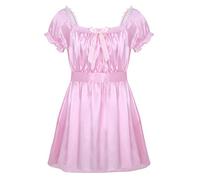 Jowowha Sissy Men Silk Satin Lingerie Baby Doll Nightdress Chemise Dress Robe Gown Nightwear Underwear Pink XXL
