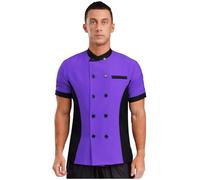 Jowowha Unisex Chef Coat Professional Canteen Cook Chef Jacket Color Block Chef Jacket Kitchen Work Uniform Top Purple XXL