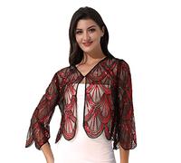 Jowowha Women 1920s Sequin Hollow Lace Shawl Wraps Evening Cape Flapper Cover Up Bridal Bolero Shrug Red One Size